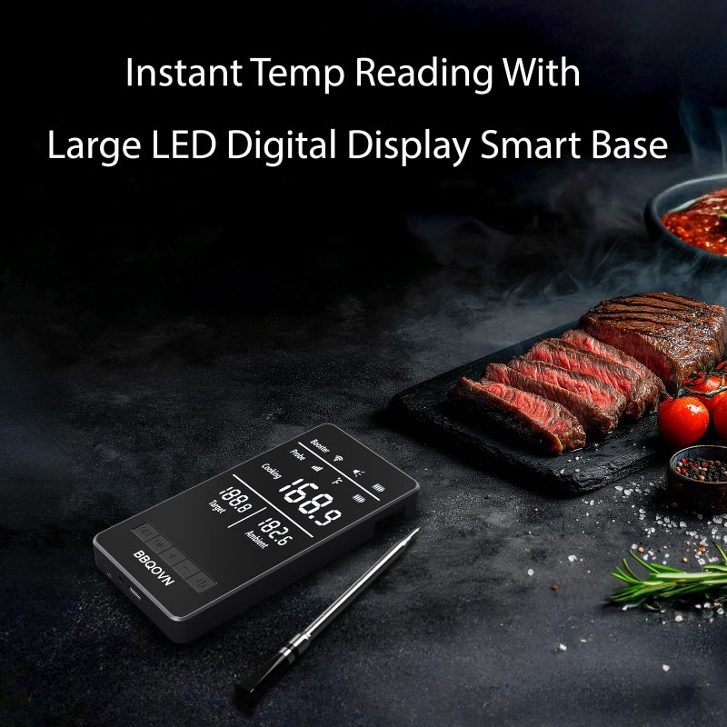 BBQOVN Smart WiFi Wireless Meat Thermometer Unlimited Range 7 NIST Cert.Sensors Accuracy Â±0.5Â°F Sub-1G (10X Stronger Than Bluetooth) APP&Digital Base,Monitor for BBQ, Grill,Oven, Smoker(1, Black, Small) - Image 3