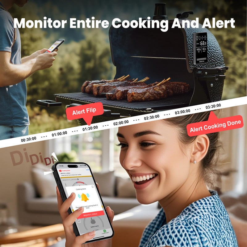 BBQOVN Smart WiFi Wireless Meat Thermometer Unlimited Range 7 NIST Cert.Sensors Accuracy Â±0.5Â°F Sub-1G (10X Stronger Than Bluetooth) APP&Digital Base,Monitor for BBQ, Grill,Oven, Smoker(1, Black, Small) - Image 5