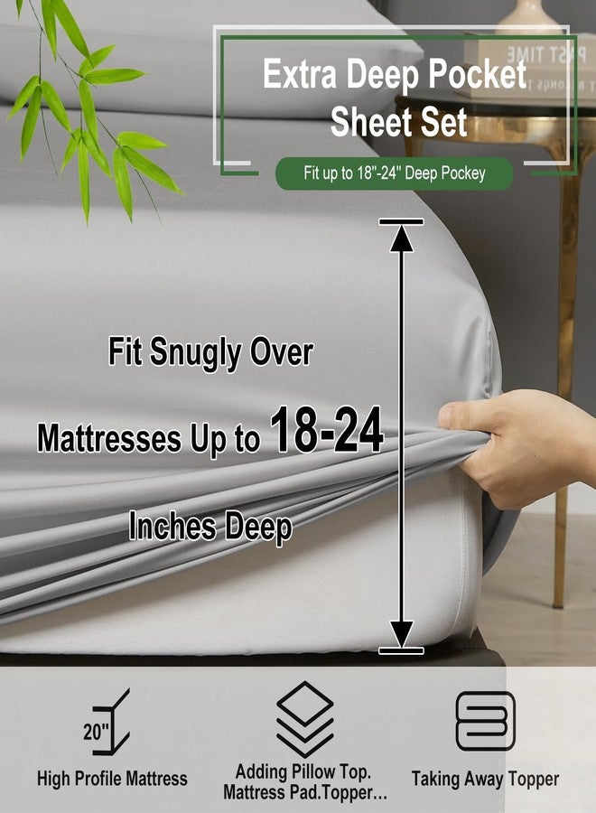 Ivellow 100% Viscose Derived from Bamboo Sheets King Size 18"-24" Extra Deep Pocket King Sheets Set 4Pcs Luxury Soft Breathable Cooling Bed Sheets for Hot Sleepers Hotel Silky Bedding Set Light Grey - Image 5
