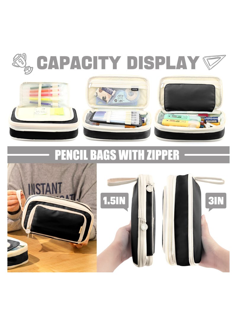 إسكدنيا حقيبة أقلام رصاص كبيرة السعة ومتعددة الوظائف، حقيبة أقلام رصاص قابلة للطي من  بسحاب، حقيبة أقلام رصاص عملية متعددة الطبقات من الماكارون للفتيات المراهقات والمدرسة والمكتب واللوازم المدرسية (أسود) - Image 3