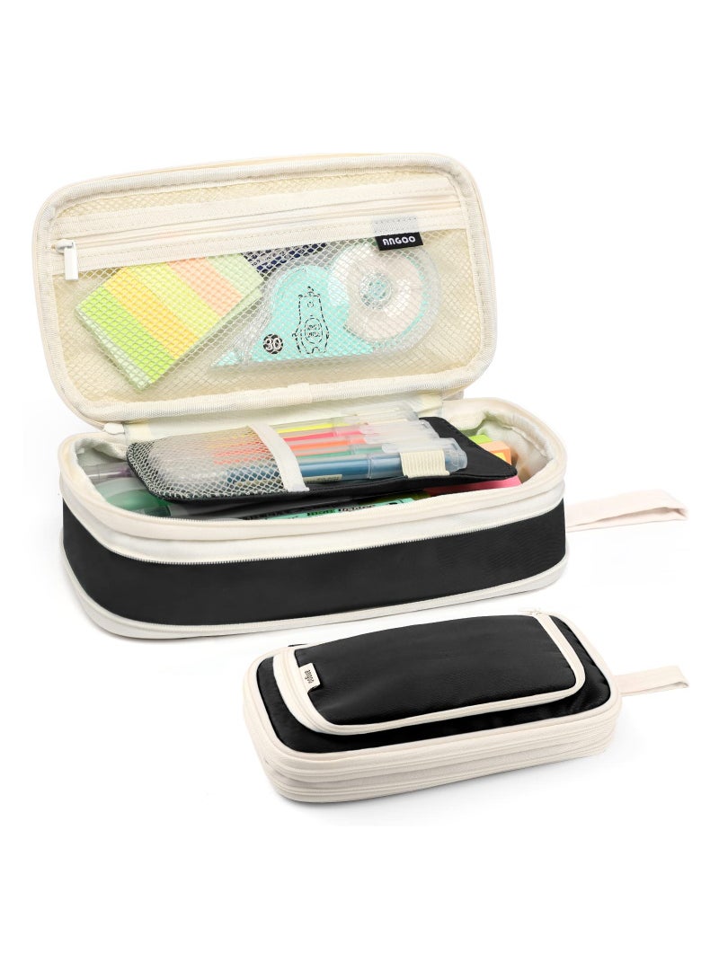 إسكدنيا حقيبة أقلام رصاص كبيرة السعة ومتعددة الوظائف، حقيبة أقلام رصاص قابلة للطي من  بسحاب، حقيبة أقلام رصاص عملية متعددة الطبقات من الماكارون للفتيات المراهقات والمدرسة والمكتب واللوازم المدرسية (أسود) - Image 1