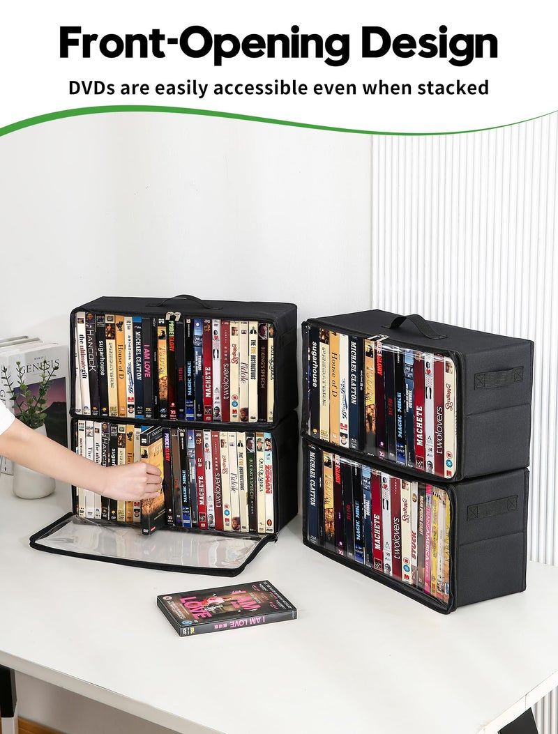 Beveetio 4-Pack DVD Storage Box, Stackable DVD Case Holder Organizer with Front Zippered Clear Window, CD Holder for CD, Blu-ray, VHS, Video Games, and Movie Collection, Holds 100+ Cases - Image 2