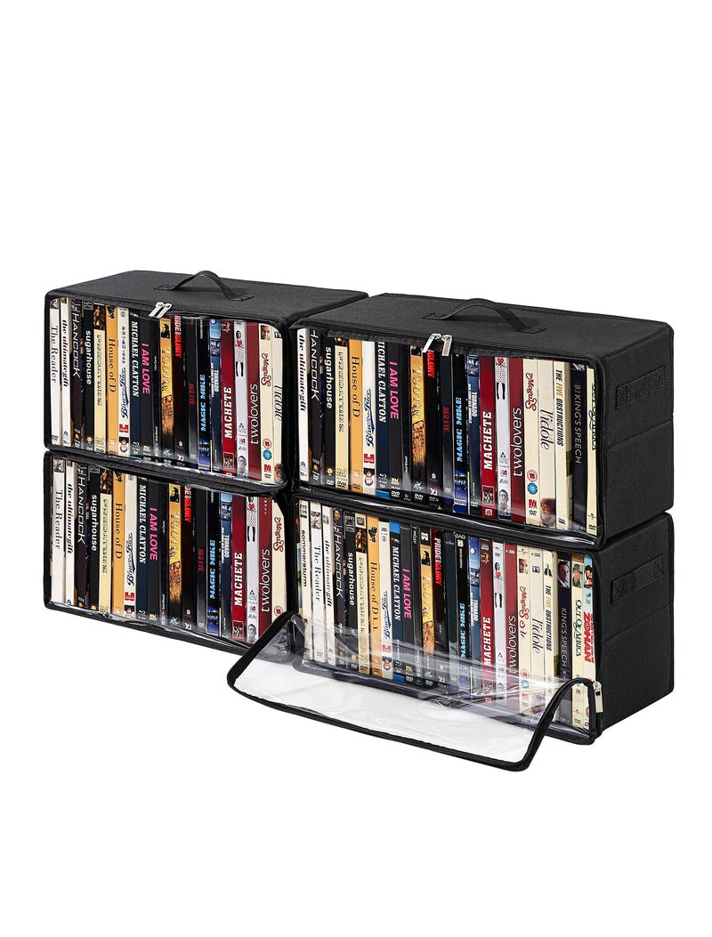 Beveetio 4-Pack DVD Storage Box, Stackable DVD Case Holder Organizer with Front Zippered Clear Window, CD Holder for CD, Blu-ray, VHS, Video Games, and Movie Collection, Holds 100+ Cases - Image 1
