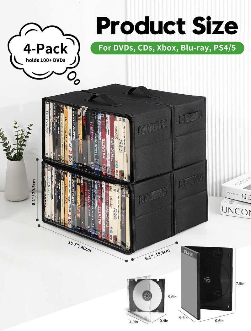 Beveetio 4-Pack DVD Storage Box, Stackable DVD Case Holder Organizer with Front Zippered Clear Window, CD Holder for CD, Blu-ray, VHS, Video Games, and Movie Collection, Holds 100+ Cases - Image 4