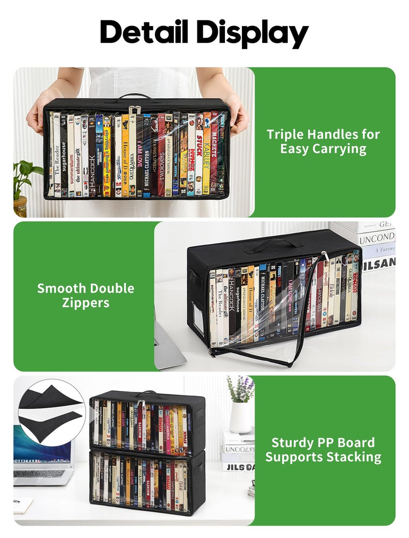 Beveetio 4-Pack DVD Storage Box, Stackable DVD Case Holder Organizer with Front Zippered Clear Window, CD Holder for CD, Blu-ray, VHS, Video Games, and Movie Collection, Holds 100+ Cases - Image 5