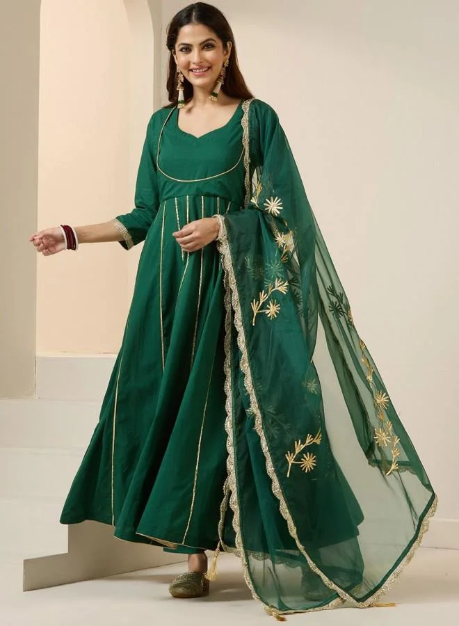 ISHIN Women'S Green 100% Cotton Embroidered Tunic Full Length Palazzo Straight Fit Kurta Set