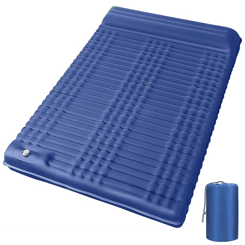 Inflatable Sleeping Pad: Navy Blue, 79" X 55" X 4" Rip-Stop Nylon With Waterproof TPU Coating - Built-In Foot Pump For Fast Inflation, 660lb Load Capacity, Compact Fold Double Sleeping Pad For Camping - Image 1