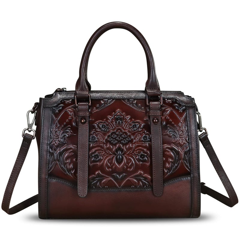 IVTG Genuine Leather Satchel for Women Embossed Leather Top Handle Bags Handmade Purse Vintage Crossbody Handbags Hobo Bag (Coffee) - Image 1