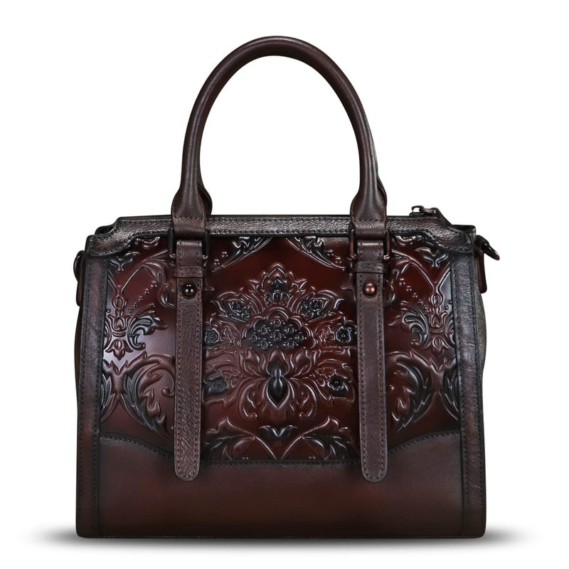 IVTG Genuine Leather Satchel for Women Embossed Leather Top Handle Bags Handmade Purse Vintage Crossbody Handbags Hobo Bag (Coffee) - Image 3