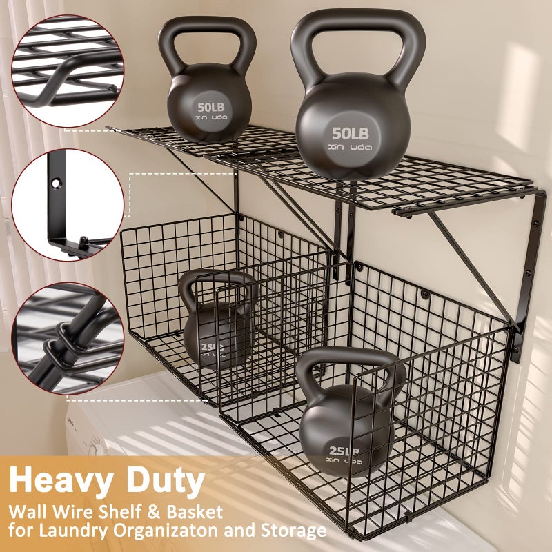3IngSeagulls 2 Pack Laundry Room Shelves, Wire Baskets with 8 Hooks, Over Washer and Dryer Shelf, Wall Mounted Storage and Clothes Drying Rack, Black - Image 3
