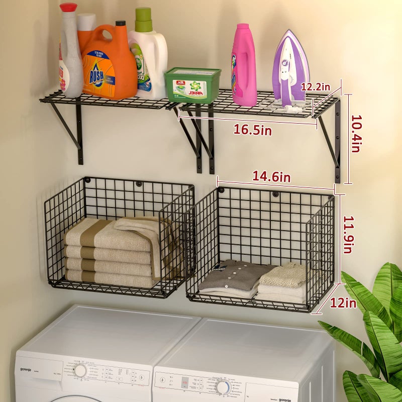 3IngSeagulls 2 Pack Laundry Room Shelves, Wire Baskets with 8 Hooks, Over Washer and Dryer Shelf, Wall Mounted Storage and Clothes Drying Rack, Black - Image 5