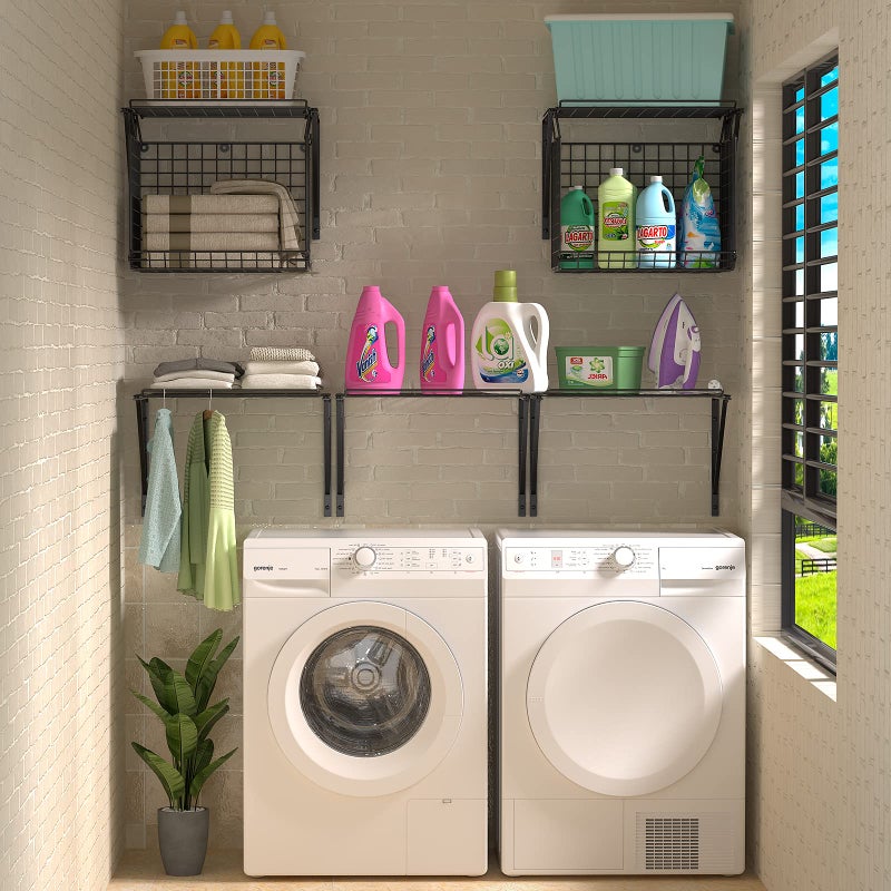 3IngSeagulls 2 Pack Laundry Room Shelves, Wire Baskets with 8 Hooks, Over Washer and Dryer Shelf, Wall Mounted Storage and Clothes Drying Rack, Black - Image 4