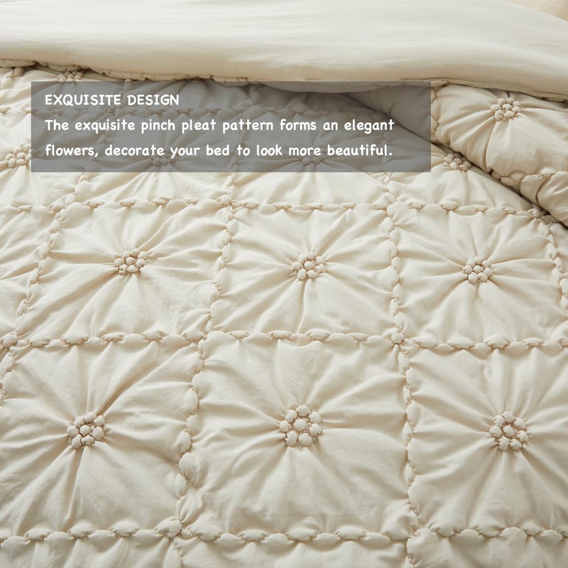 BEDAZZLED King Size Comforter Sets, Beige Bedding Comforter Set, 3 Pieces Pinch Pleat Bedding Sets with Comforter and Pillowcases Soft Farmhouse Shabby Chic Comforter for All Season - Image 3