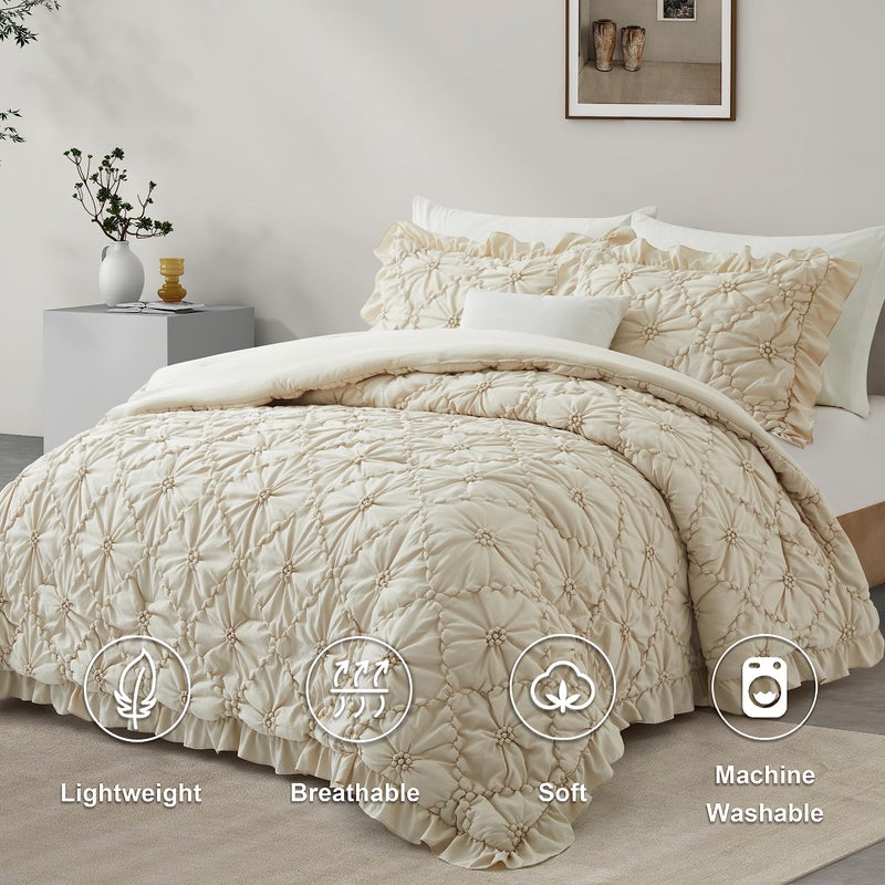 BEDAZZLED King Size Comforter Sets, Beige Bedding Comforter Set, 3 Pieces Pinch Pleat Bedding Sets with Comforter and Pillowcases Soft Farmhouse Shabby Chic Comforter for All Season - Image 2