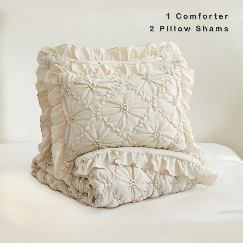 BEDAZZLED King Size Comforter Sets, Beige Bedding Comforter Set, 3 Pieces Pinch Pleat Bedding Sets with Comforter and Pillowcases Soft Farmhouse Shabby Chic Comforter for All Season - Image 5