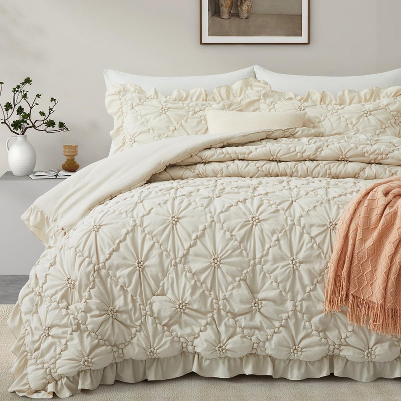 BEDAZZLED King Size Comforter Sets, Beige Bedding Comforter Set, 3 Pieces Pinch Pleat Bedding Sets with Comforter and Pillowcases Soft Farmhouse Shabby Chic Comforter for All Season - Image 1