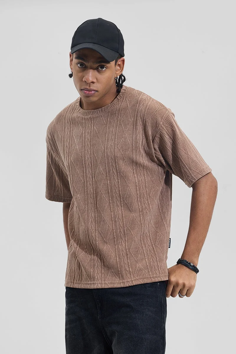سنيتش Light Brown Geometric Half Sleeve Oversized T-Shirt
