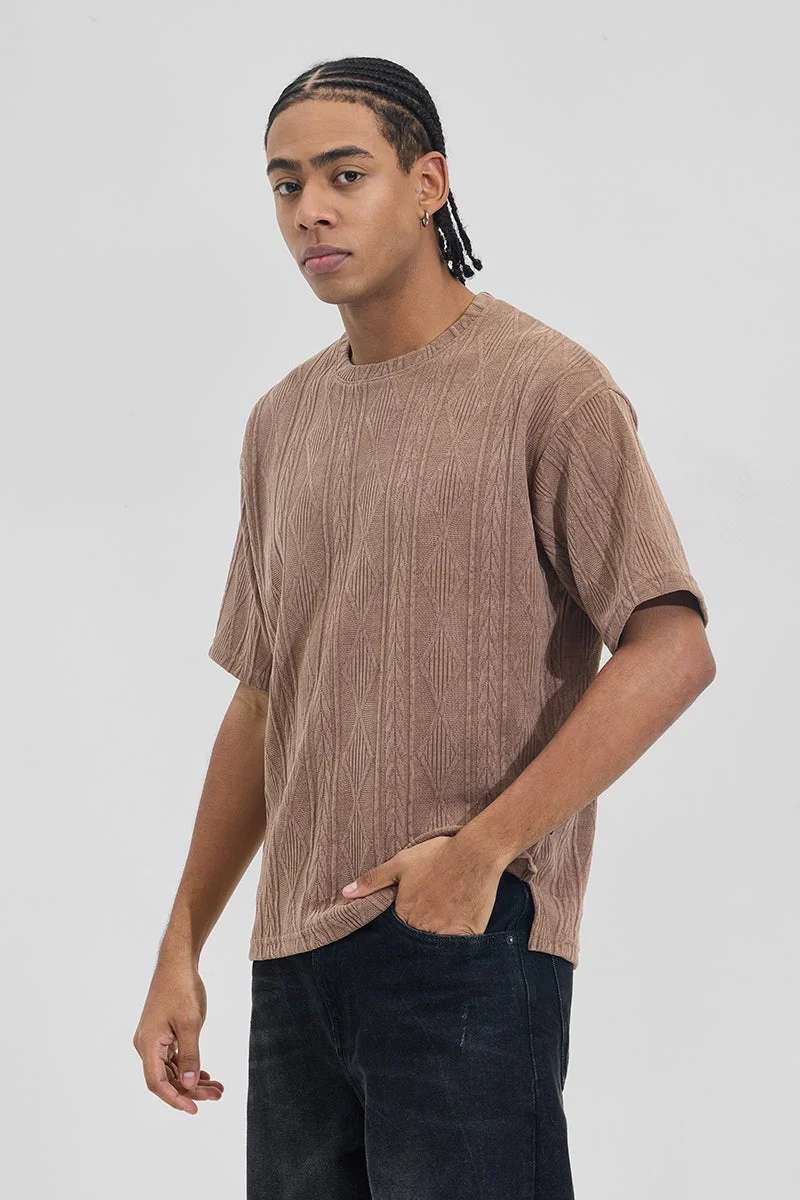 SNITCH Light Brown Geometric Half Sleeve Oversized T-Shirt