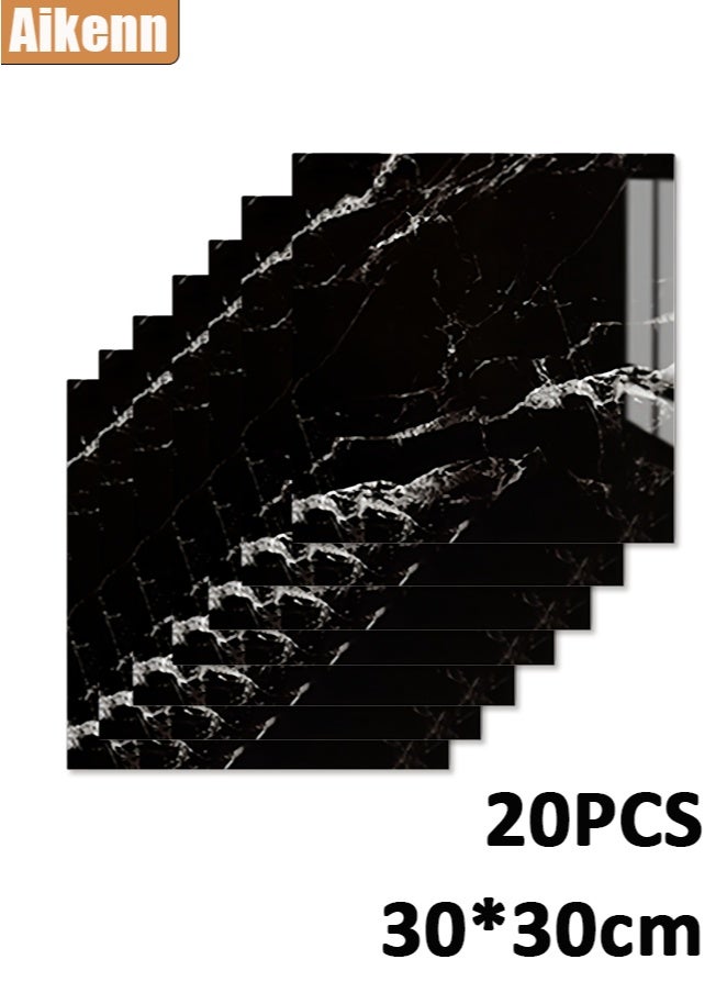 أيكين بلاط جدران رخامي ذاتي اللصق - عبوة من 20 لوحًا من مادة البولي فينيل كلوريد قابلة للإزالة، مقاس 30×30 سم، للجدران المميزة، وخلفيات التلفزيون، وخلفيات الأريكة، سهلة التركيب، بتصميم كلاسيكي عصري باللون الأسود - Image 1