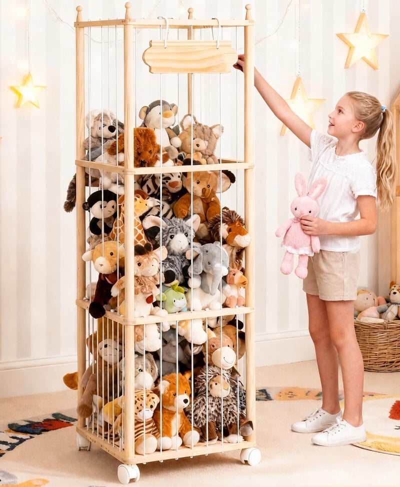 TANONE Stuffed Animal Storage, Wooden Large Toy Organizer, Stuffed Animal Holder for Room, Wood Plush Organizer for Playroom Bedroom Organization - Image 1