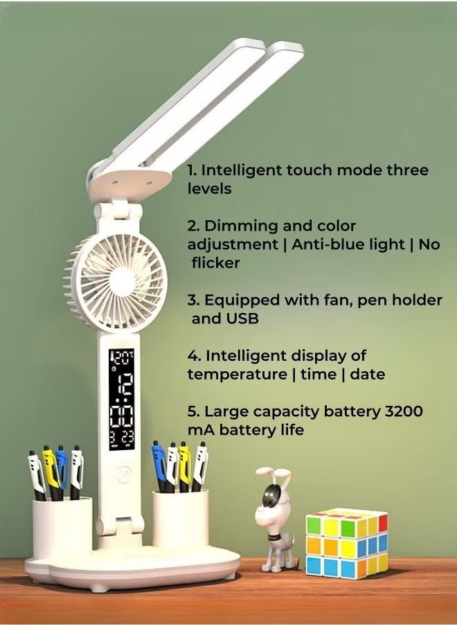 GUDOO Large Capacity Battery Foldable Eye Protection Desk Lamp Led Smart Desk Lamp Bedroom Charging Reading Desk Study Office Table Lamp with Fan Pen Holder  - Image 1