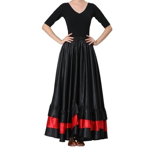 Backgarden Women Black Red Layers Satin Long Skirt for Spanish Flamenco Belly Dance Mexico Ballet Folklorico Performance - Image 2