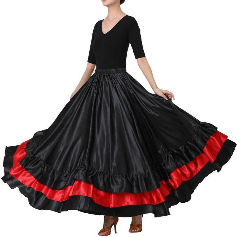 Backgarden Women Black Red Layers Satin Long Skirt for Spanish Flamenco Belly Dance Mexico Ballet Folklorico Performance - Image 4
