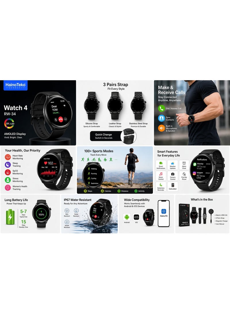 HainoTeko Germany HainoTeko RW‑34 Watch 4 AMOLED Smartwatch with 3 Strap Set, Bluetooth Calling, Fitness Tracker, AMOLED Display, Compatible with Android & iOS - Image 4