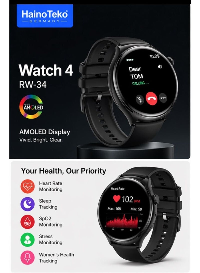 HainoTeko Germany HainoTeko RW‑34 Watch 4 AMOLED Smartwatch with 3 Strap Set, Bluetooth Calling, Fitness Tracker, AMOLED Display, Compatible with Android & iOS - Image 1