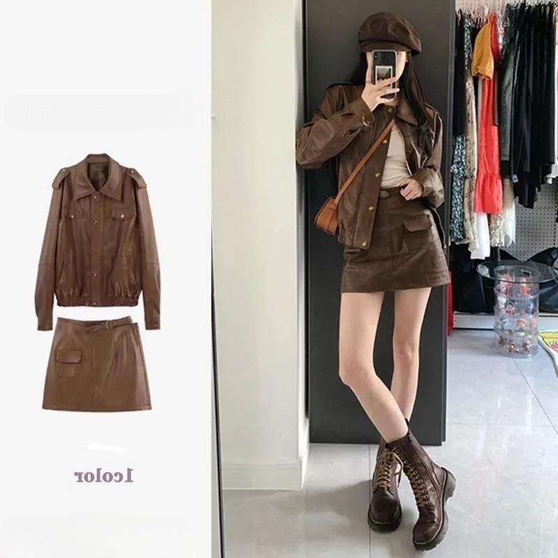 Generic 2023 Spring and Autumn New faux sheepskin motorcycle clothing retro PU leather coat women + fashion short skirt two-piece suit Brown coat - Image 2