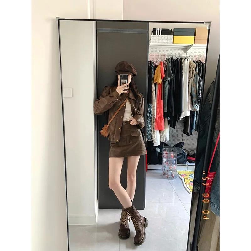Generic 2023 Spring and Autumn New faux sheepskin motorcycle clothing retro PU leather coat women + fashion short skirt two-piece suit Brown coat - Image 3