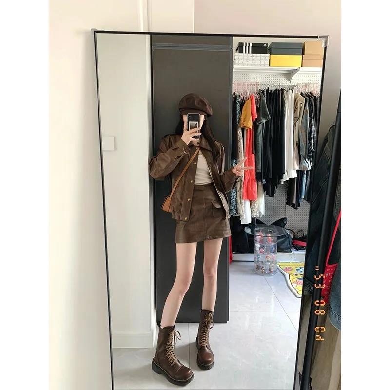 Generic 2023 Spring and Autumn New faux sheepskin motorcycle clothing retro PU leather coat women + fashion short skirt two-piece suit Brown coat - Image 4
