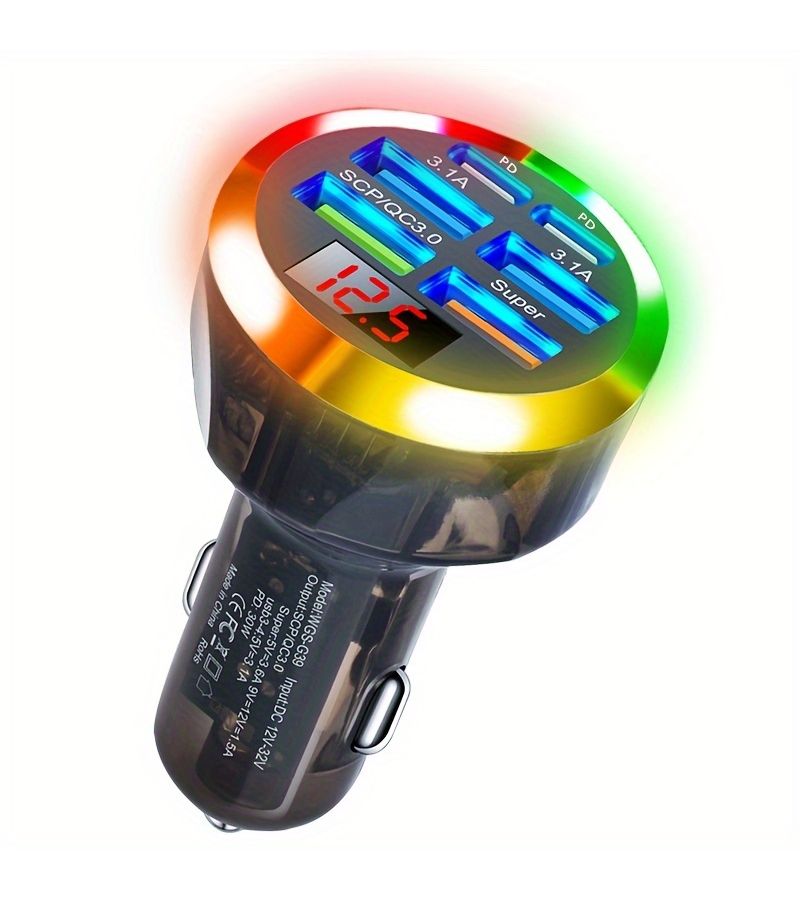 Colorful Red Screen Lantern 6 In 1 USB C Car Charger 2 PD 4 USB A Ports Voltage Display Ultra Fast Charging Compatible iPhone Samsung - Image 3