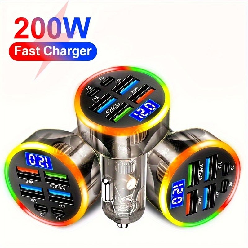 Colorful Red Screen Lantern 6 In 1 USB C Car Charger 2 PD 4 USB A Ports Voltage Display Ultra Fast Charging Compatible iPhone Samsung - Image 1