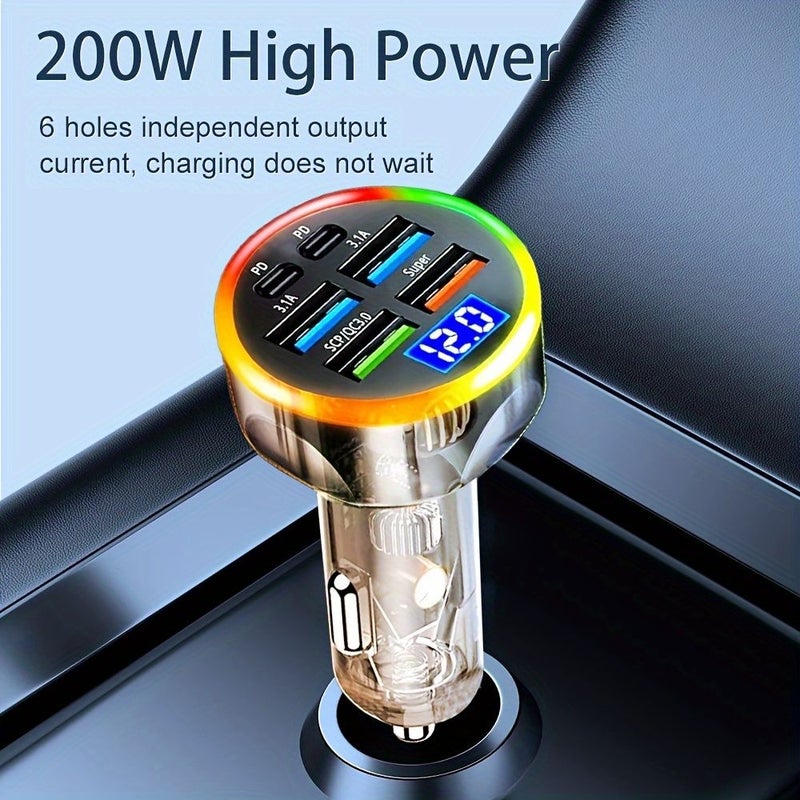 Colorful Red Screen Lantern 6 In 1 USB C Car Charger 2 PD 4 USB A Ports Voltage Display Ultra Fast Charging Compatible iPhone Samsung - Image 2