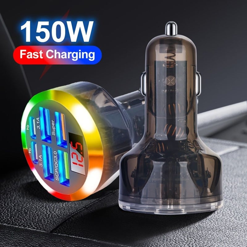 Colorful Red Screen Lantern 6 In 1 USB C Car Charger 2 PD 4 USB A Ports Voltage Display Ultra Fast Charging Compatible iPhone Samsung - Image 4