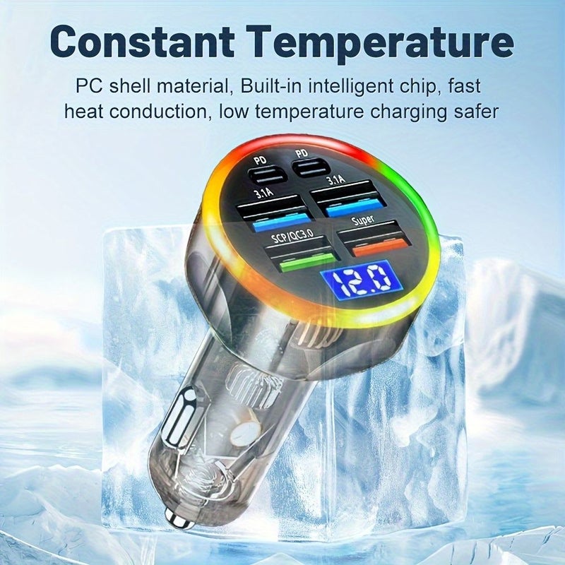 Colorful Red Screen Lantern 6 In 1 USB C Car Charger 2 PD 4 USB A Ports Voltage Display Ultra Fast Charging Compatible iPhone Samsung - Image 5