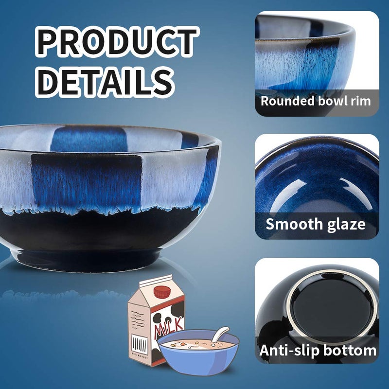 KOOV 24 Ounce Soup Bowl Set  Porcelain Cereal Bowls Microwave And Dishwasher Safe  Ceramic Kitchen Bowls For Oatmeal Breakfast  Chip  Rice  Reactive Glaze Set of 4 (Nebule Blue) - Image 2
