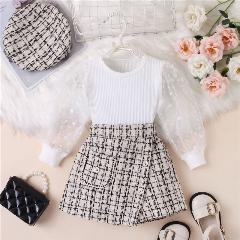 Girls Knit Polka Dot Top  Chic Skort Beret Set White 
