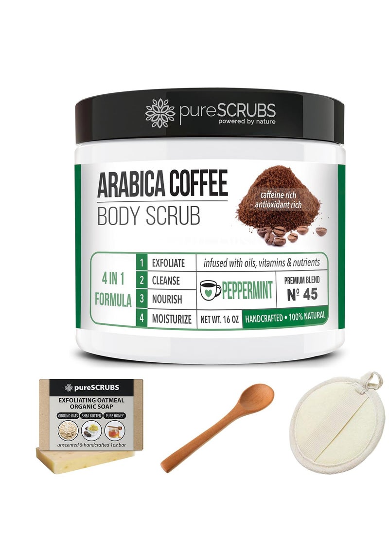 pureSCRUBS - pureSCRUBS Premium Organic Arabica Coffee Body Scrub Set - COCONUT BLEND Large 16oz Anti Cellulite Scrub With Essential Oils & Nutrients + FREE Wooden Spoon, Loofah & Mini Organic Exfoliating Bar Soap - Image 1