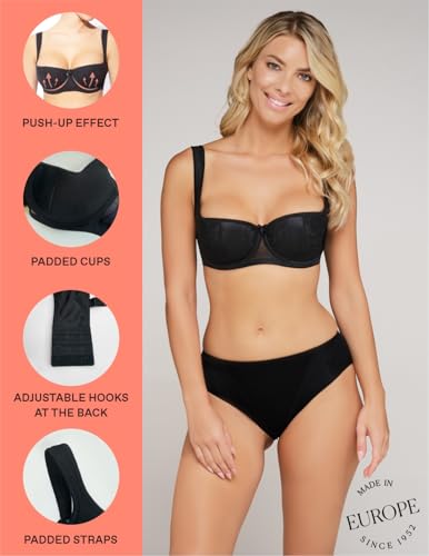Rosme Women's Balconette Bra with Push Up Effect – Plus Size Sexy Lace Demi Half Cup Bra – Lightly Padded Underwired Low Cut Mesh Design Grand, Black, Size 34C - Image 5