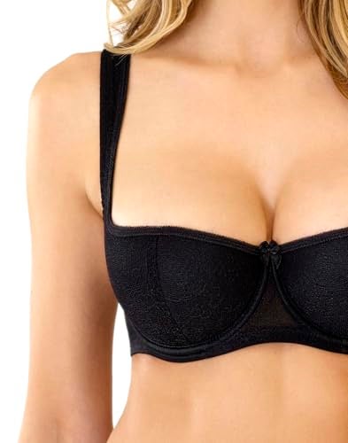 Rosme Women's Balconette Bra with Push Up Effect – Plus Size Sexy Lace Demi Half Cup Bra – Lightly Padded Underwired Low Cut Mesh Design Grand, Black, Size 34C - Image 3