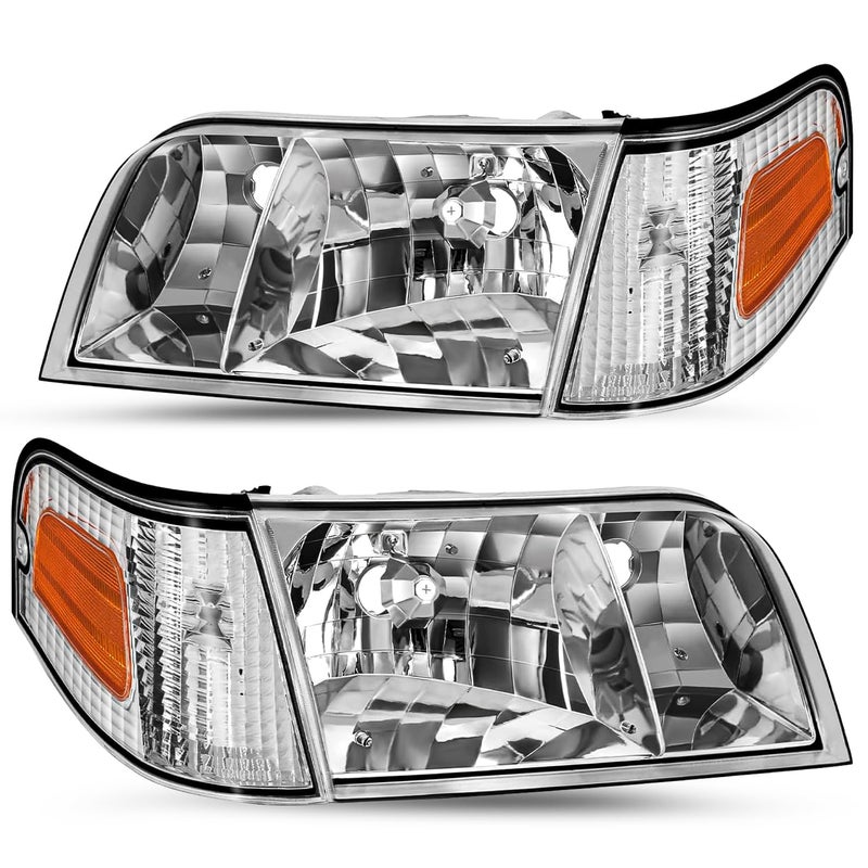 JSBOYAT Headlight Assembly Replacement wCorner Lights 4pcs for 1998 to 2011 Ford Crown Victoria Headlamp Chrome Housing with Amber Reflector