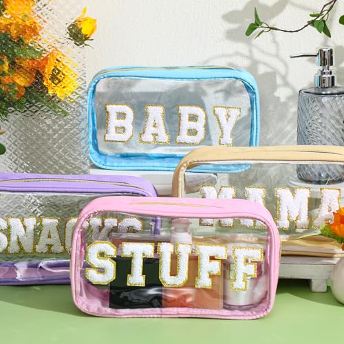 SilTriangle 4 Pcs Mama and Baby Toiletry Bag Clear Chenille Letter Pouch Snacks Makeup Stuff Travel Diaper Bag Preppy Transparent Pouch with Zipper for Women Gift(Macarons Color) - Image 4