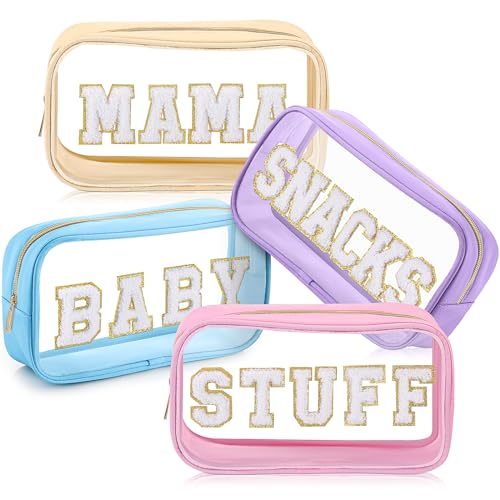 SilTriangle 4 Pcs Mama and Baby Toiletry Bag Clear Chenille Letter Pouch Snacks Makeup Stuff Travel Diaper Bag Preppy Transparent Pouch with Zipper for Women Gift(Macarons Color) - Image 1