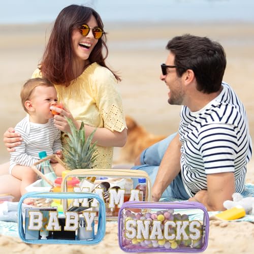 SilTriangle 4 Pcs Mama and Baby Toiletry Bag Clear Chenille Letter Pouch Snacks Makeup Stuff Travel Diaper Bag Preppy Transparent Pouch with Zipper for Women Gift(Macarons Color) - Image 5