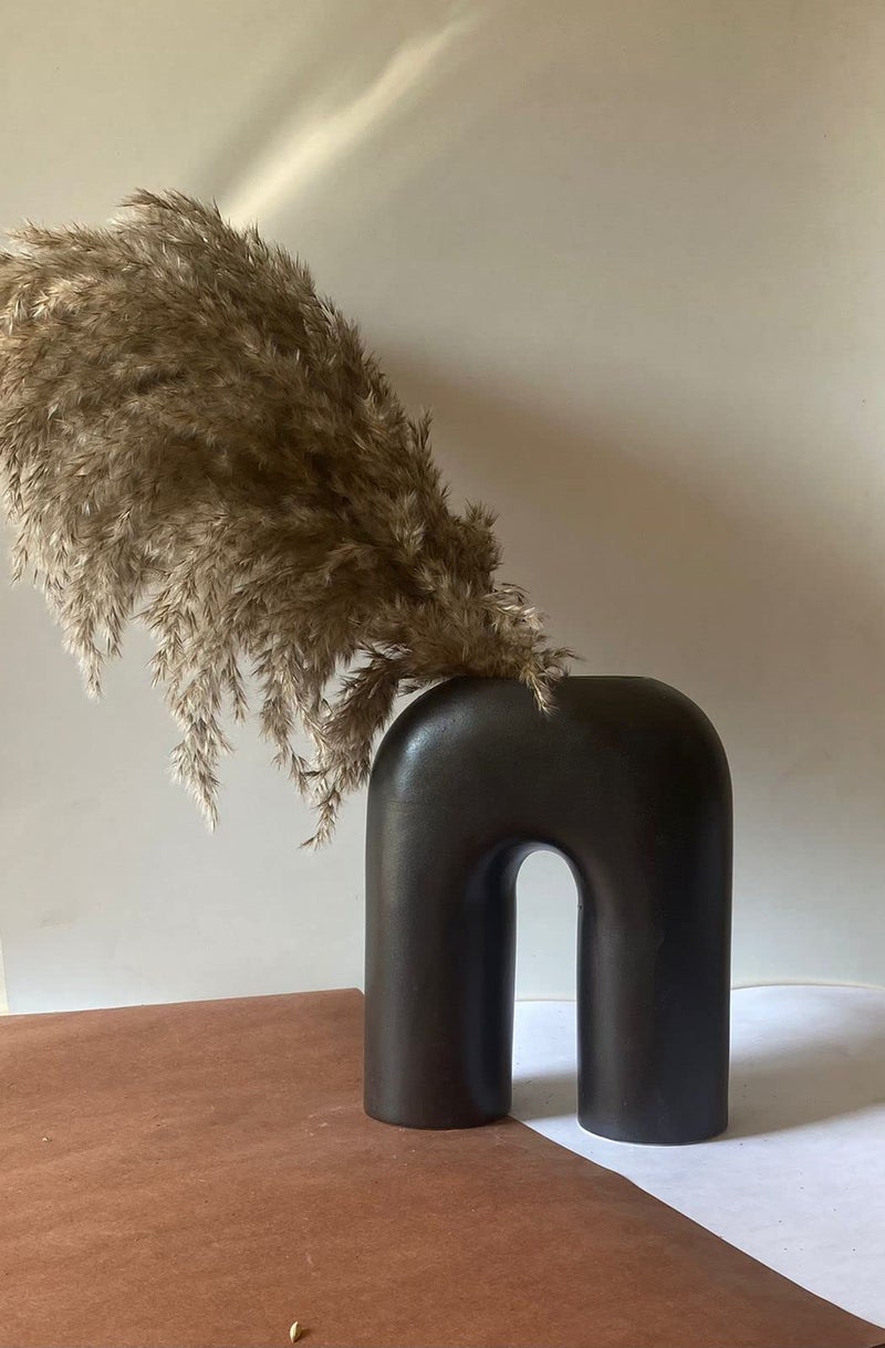 Craftribal U Shape Ceramic Minimalist Flower Vase | Pampas Grass Vase | Ceramic Vase | Home Decor Centrepiece | vase for Home Decor | Matte Finish, 10 inches (Black) - Image 1