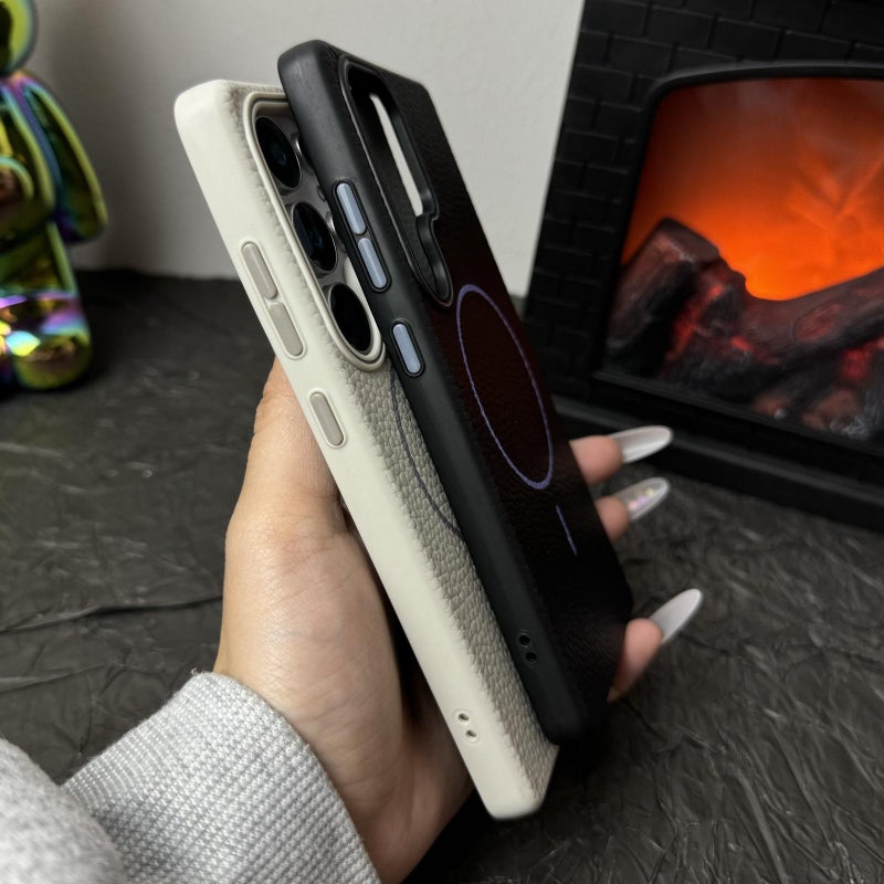 erorex For Samsung Galaxy S24 FE 5G Thin Circle MagSafe Litchi Grain TPU Phone Case(White Orange) - Image 5