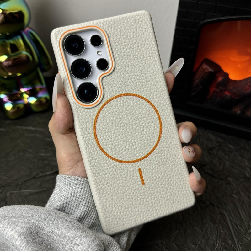 erorex For Samsung Galaxy S24 FE 5G Thin Circle MagSafe Litchi Grain TPU Phone Case(White Orange) - Image 2