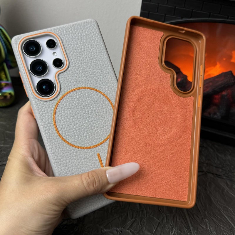 erorex For Samsung Galaxy S24 FE 5G Thin Circle MagSafe Litchi Grain TPU Phone Case(White Orange) - Image 4